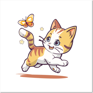 Kitten plays with a butterfly. Posters and Art